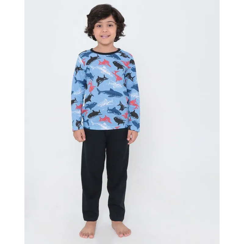 Pijama Infantil Longo Estampa Tubarões Azul 6