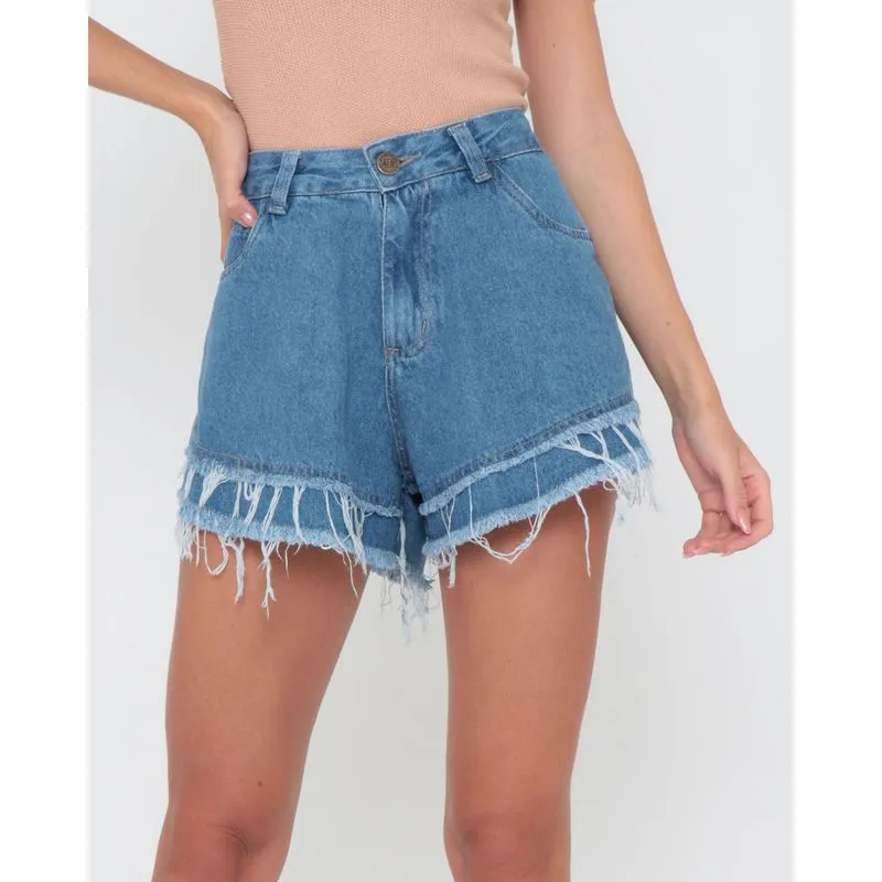 Short Jeans Desfiados Godê Azul 40