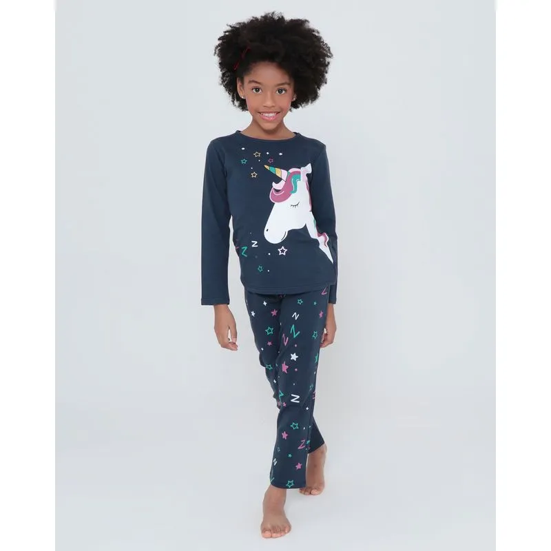 Pijama Infantil Longo Unicórnio Azul Marinho 4