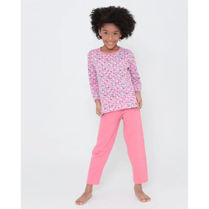 Pijama Infantil Longo Estrelas Rosa Claro 4