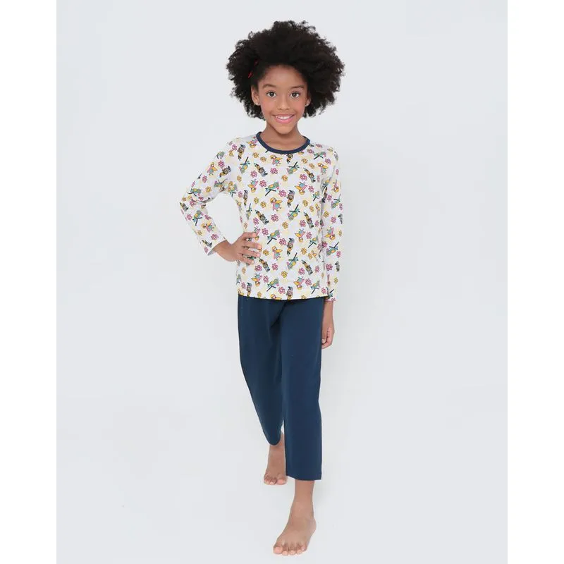 Pijama Infantil Longo Flores Azul Marinho 4
