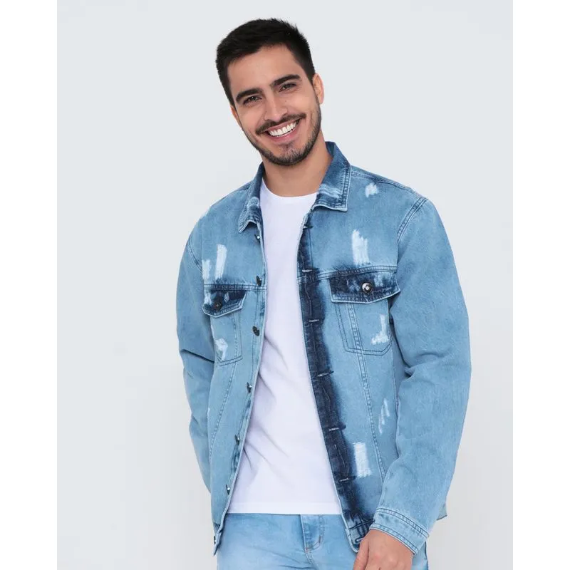 Jaqueta Jeans Masculina Puídos Azul Claro G