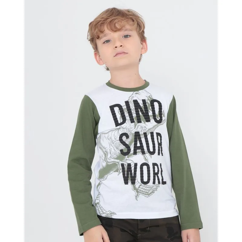 Camiseta Infantil Manga Longa Estampa Dino Branco 8