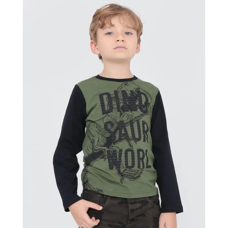 Camiseta Infantil Manga Longa Estampa Dino Verde 4