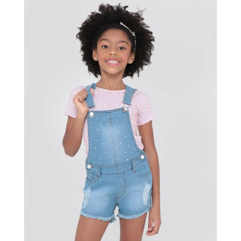 Jardineira Jeans Infantil Strass Azul Claro 8