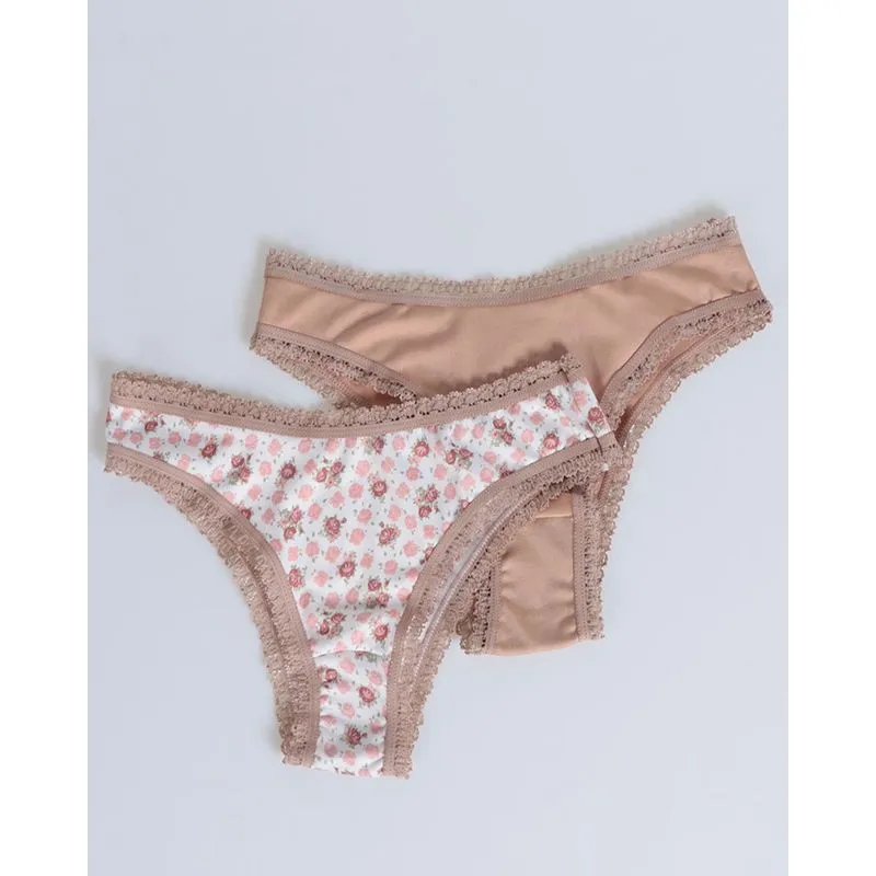 Kit 2 Calcinhas Biquíni Lisa e Estampada Bege e Bege Floral M
