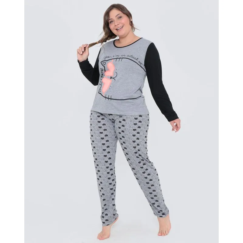 Pijama Longo Feminino Plus Size Estampa Gatos Cinza G3