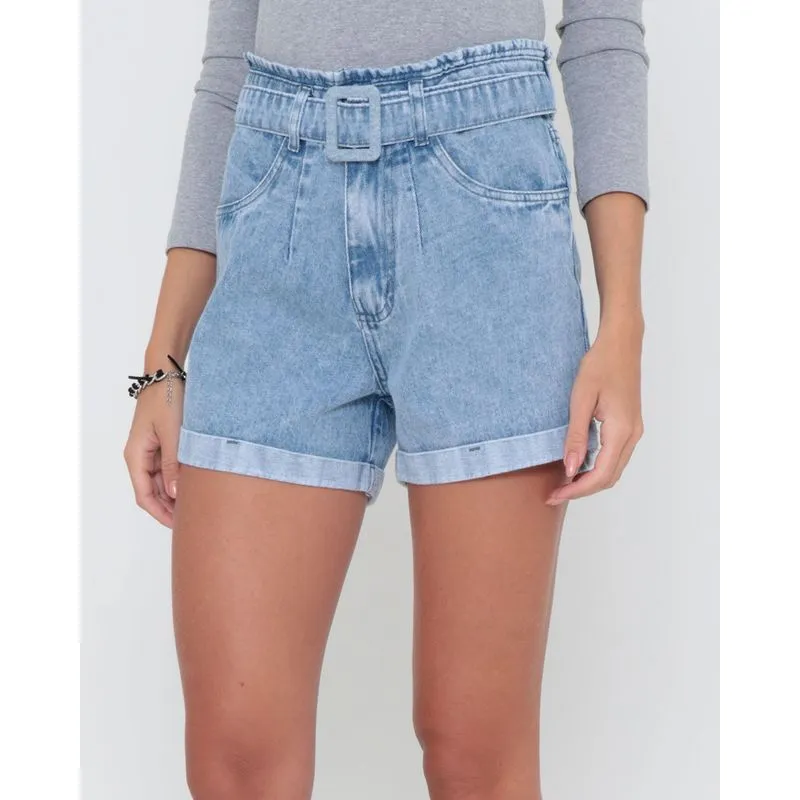 Short Jeans Com Cinto Marmorizado Azul Claro 40