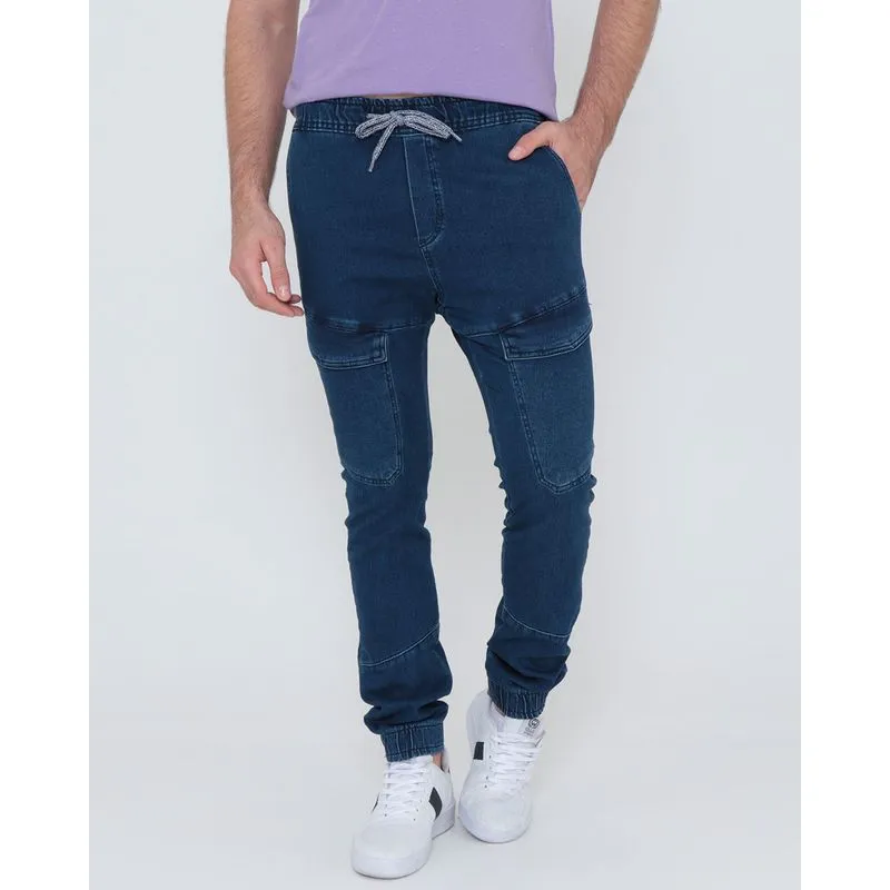 Calça Jeans Moletom Masculina Jogger Cargo Azul 36