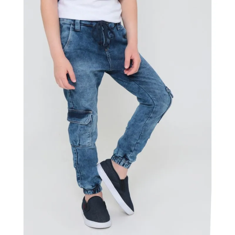 Calça Jeans Infantil Cargo Jogger Estonada Azul 4