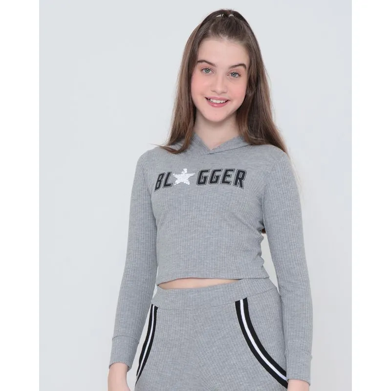 Blusa Juvenil Com Capuz Cropped Cinza Claro 12