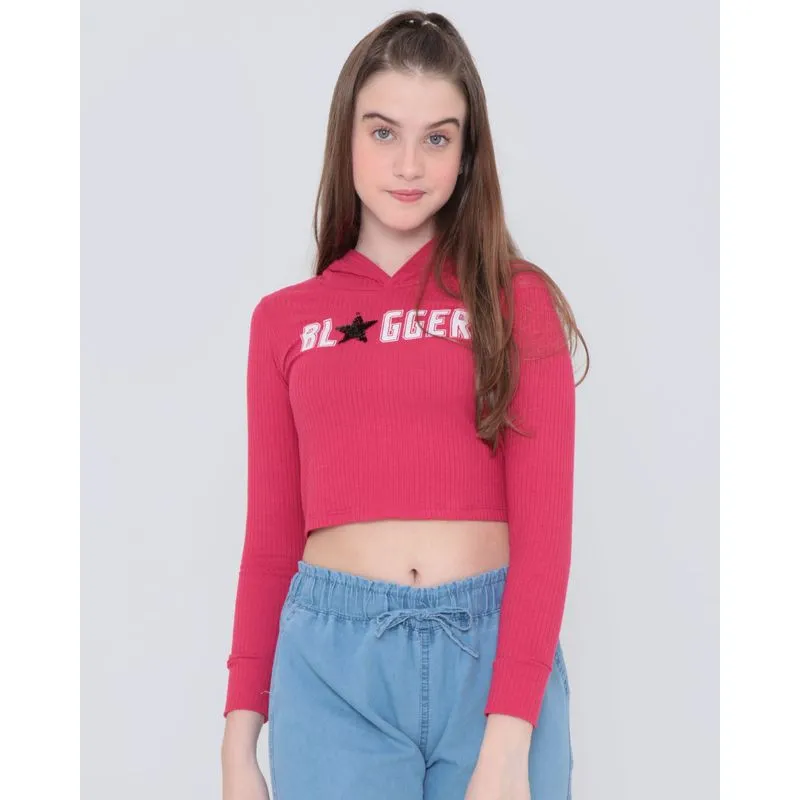 Blusa Juvenil Com Capuz Cropped Rosa 14