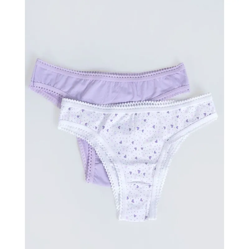 Kit 2 Calcinhas Biquíni Lisa e Estampada Branca e Lilás M