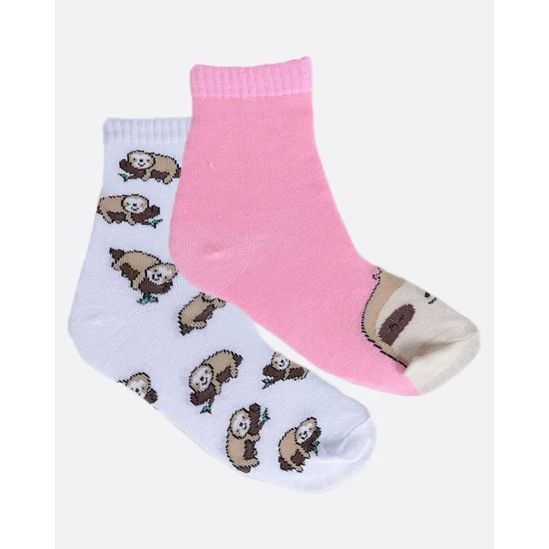 Kit 2 Pares de Meia Infantil Estampa Bicho Preguiça Rosa e Branco 30 A 33