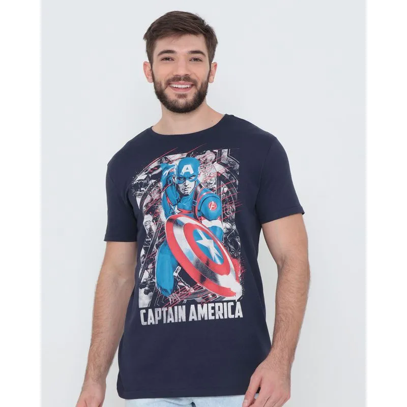 Camiseta Masculina Algodão Marvel Capitão América Marinho G