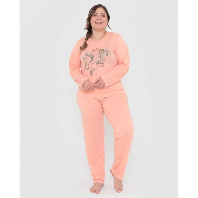 Pijama Feminino Longo Plus Size Laranja Claro G2