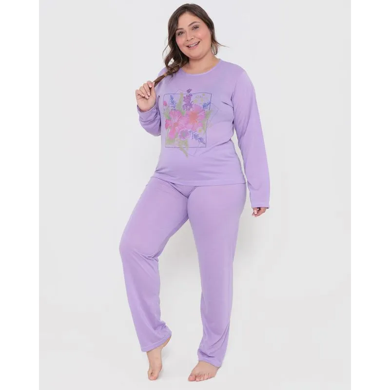 Pijama Feminino Longo Plus Size Lilás Claro G3