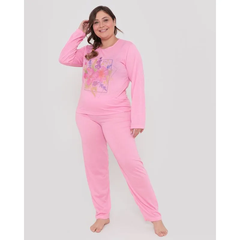 Pijama Feminino Longo Plus Size Rosa Claro G1