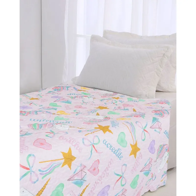Colcha Solteiro Infantil Soft Unicórnios Andreza Rosa Claro UN