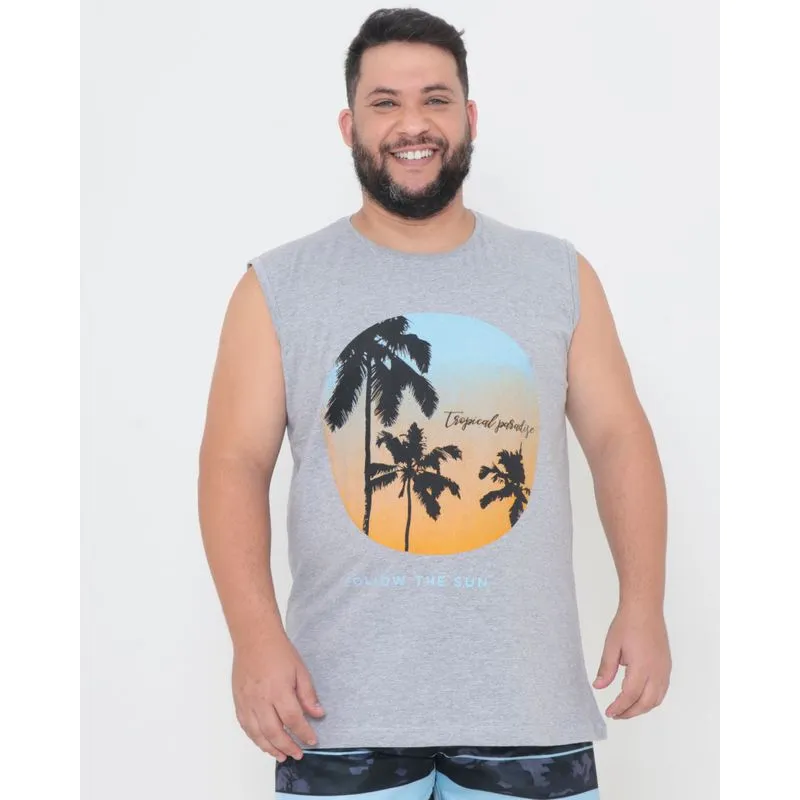 Regata Masculina Plus Size Estampa Coqueiro Cinza G4