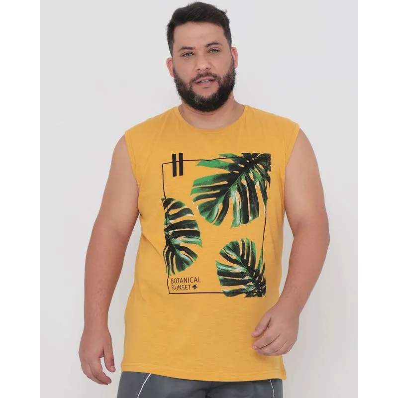Regata Masculina Plus Size Estampa Folhas Mostarda G2