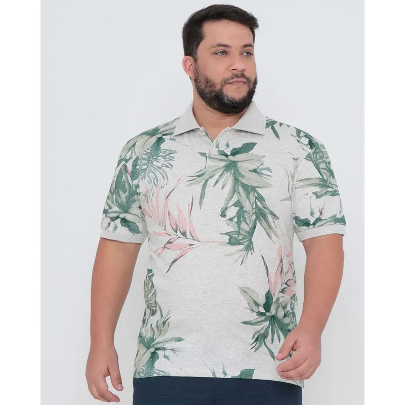 Polo Masculina Plus Size Floral Mescla Cinza Claro G3