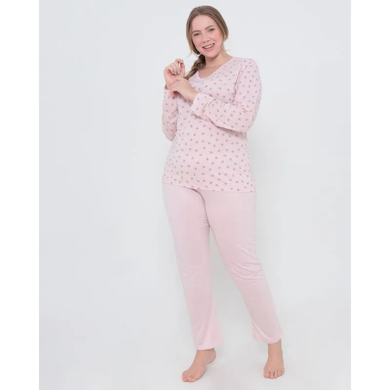 Pijama Feminino Plus Size Longo Floral Rosa Claro G2