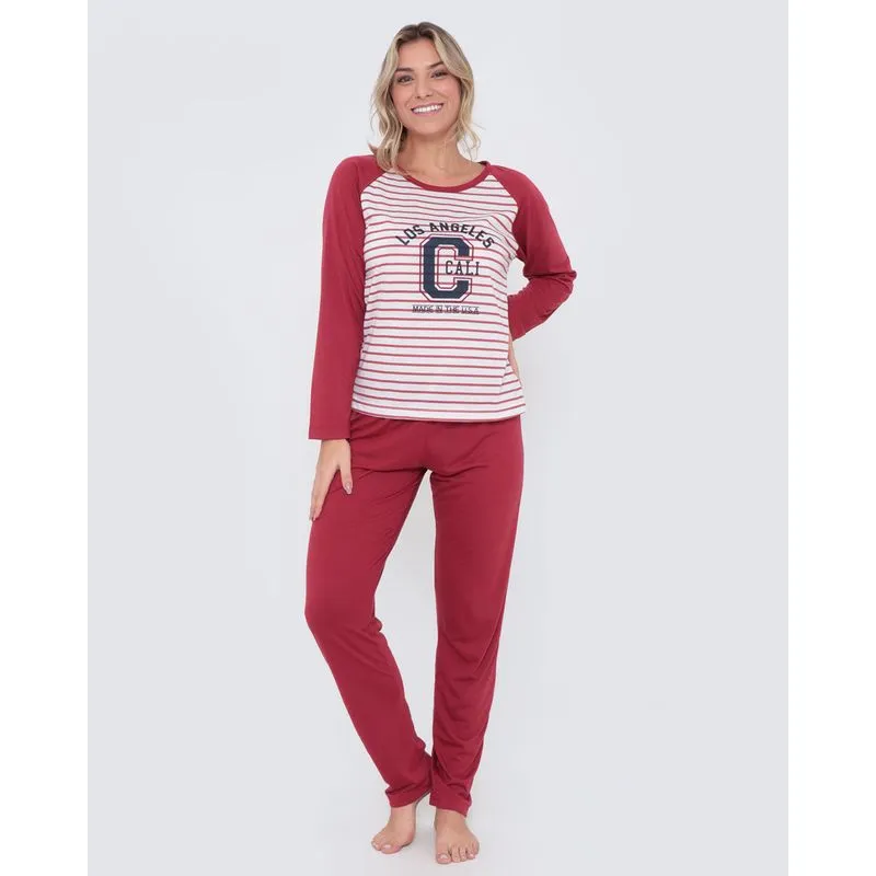 Pijama Longo Estampa Listrada Vinho P