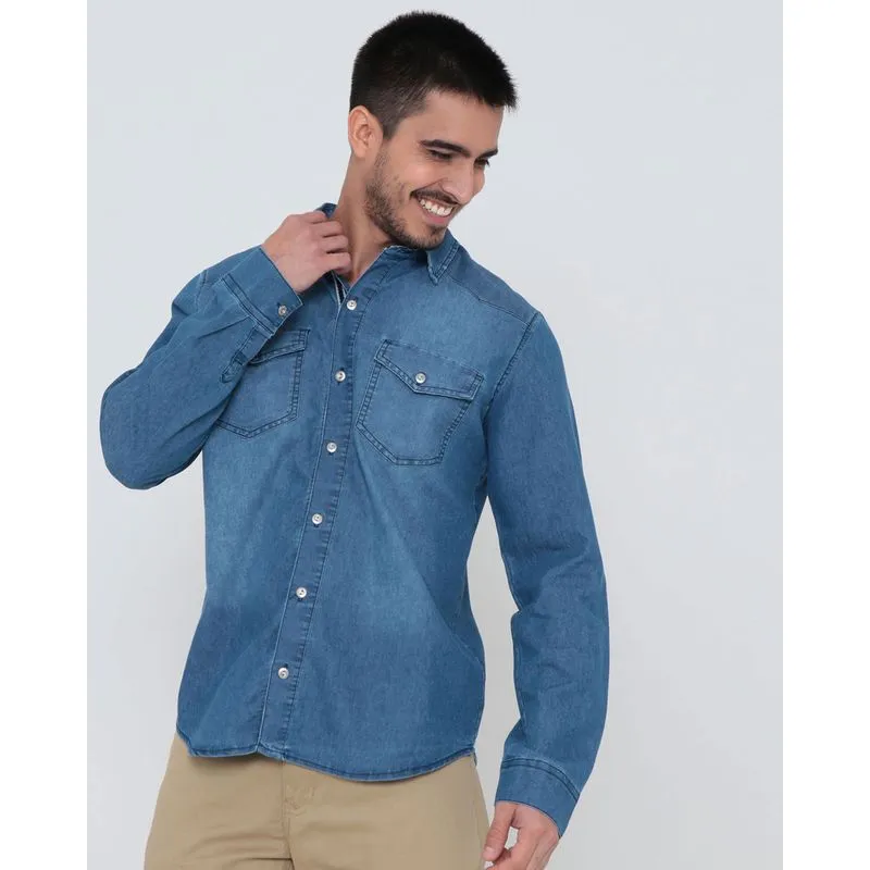 Camisa Jeans Masculina Manga Longa Bolso Azul P
