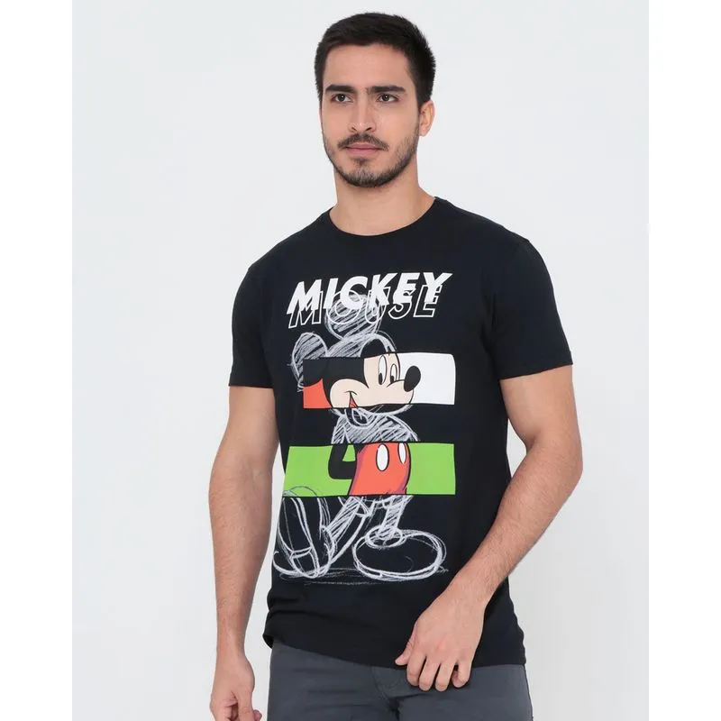 Camiseta Masculina Algodão Disney Mickey Manga Curta Preta M
