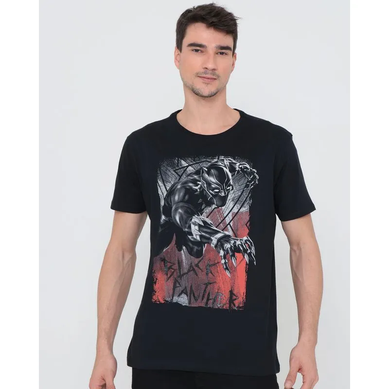 Camiseta Masculina Algodão Marvel Pantera Negra Preta GG