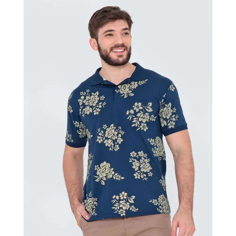 Polo Masculina Manga Curta Floral Azul Marinho GG