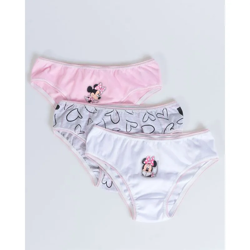 Kit 3 Calcinhas Infantil Estampa Minnie Rosa Disney Cinza e Branca 6