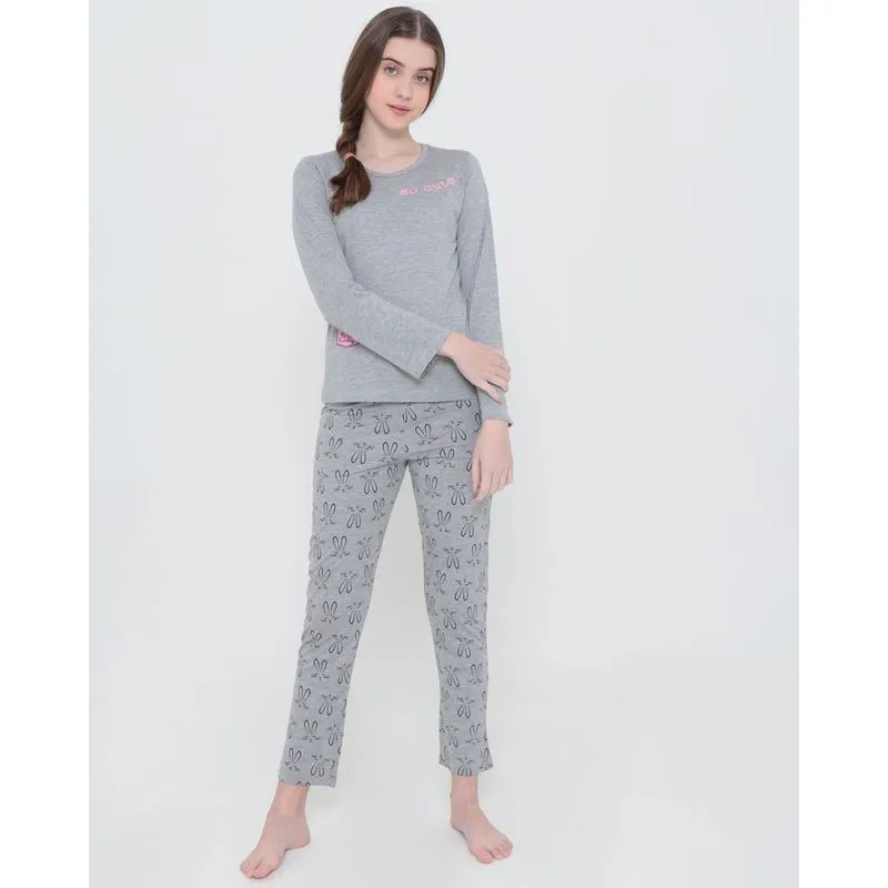 Pijama Juvenil Longo Estampado Coelha Cinza Claro 12