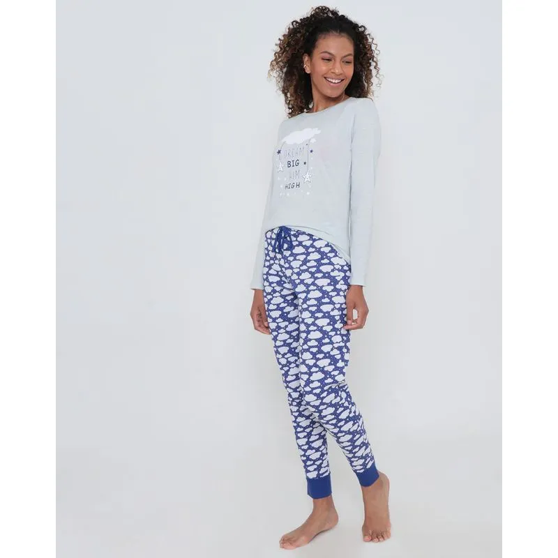 Pijama Feminino Longo Estampa Nuvens Cinza G