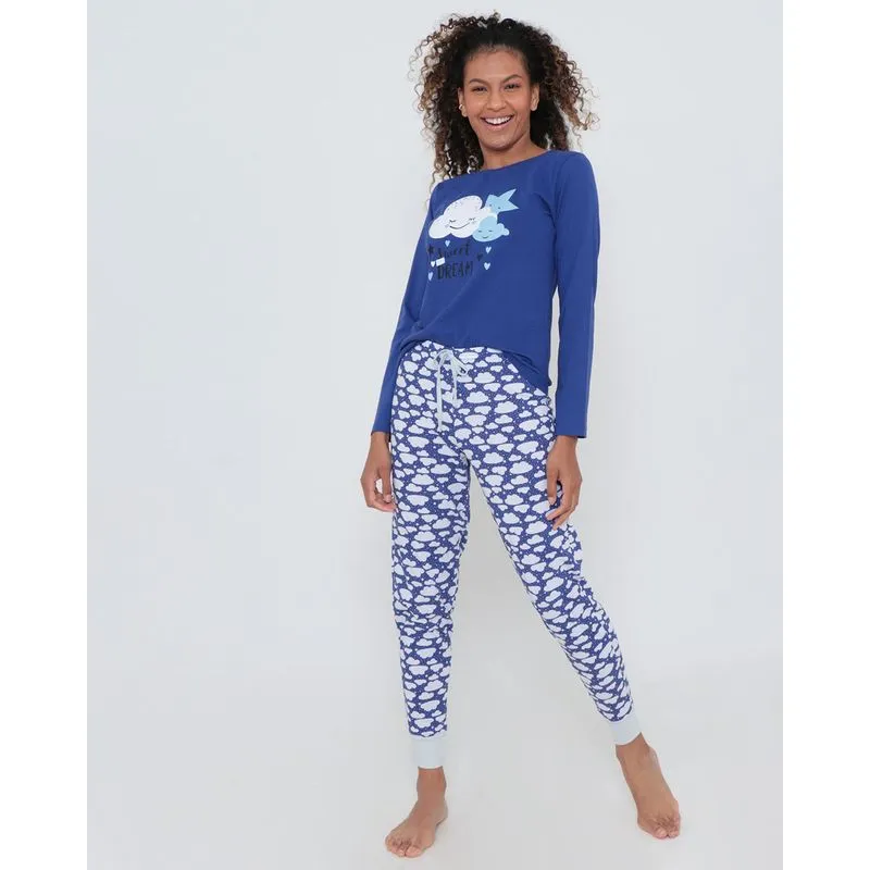 Pijama Feminino Longo Estampa Nuvens Azul GG
