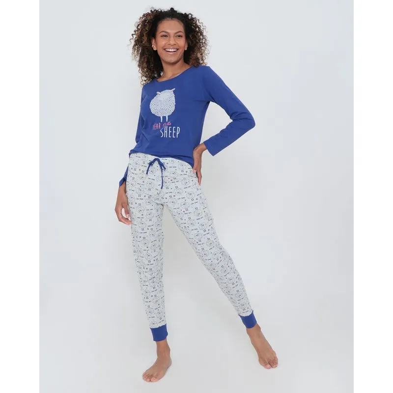 Pijama Feminino Longo Estampa Ovelha Azul M