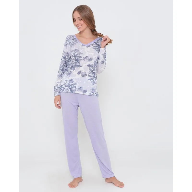 Pijama Longo Feminino Estampa Floral Branco P