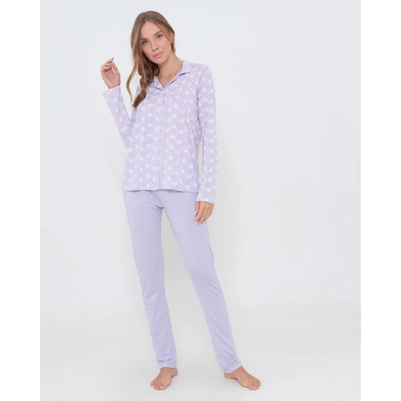 Pijama Longo Feminino Aberto Estampa Floral Lilás GG
