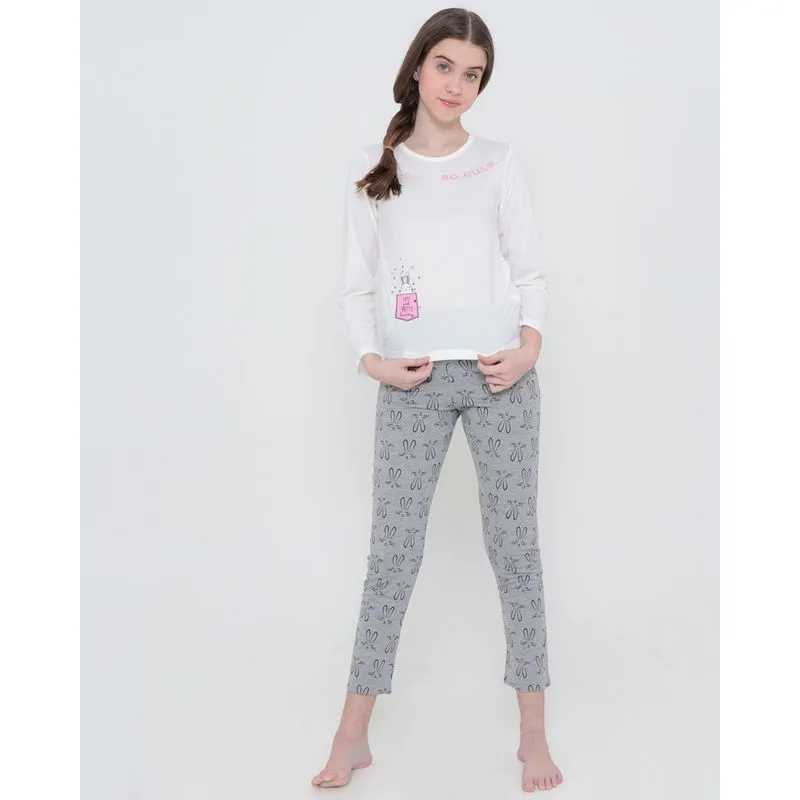 Pijama Juvenil Longo Estampado Coelha Off White 10
