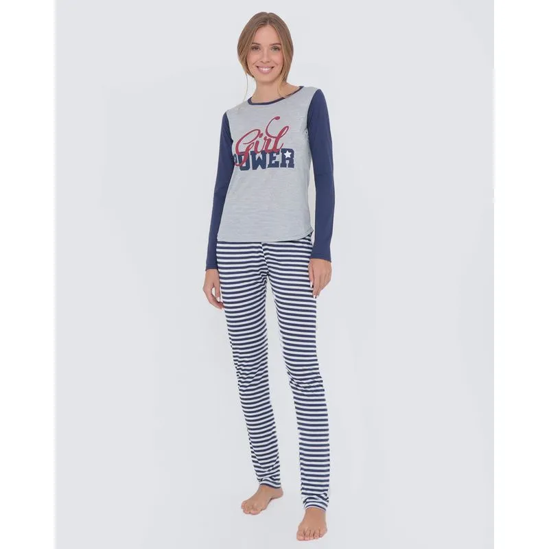 Pijama Longo Feminino Estampa Listrada Mescla Cinza Claro G