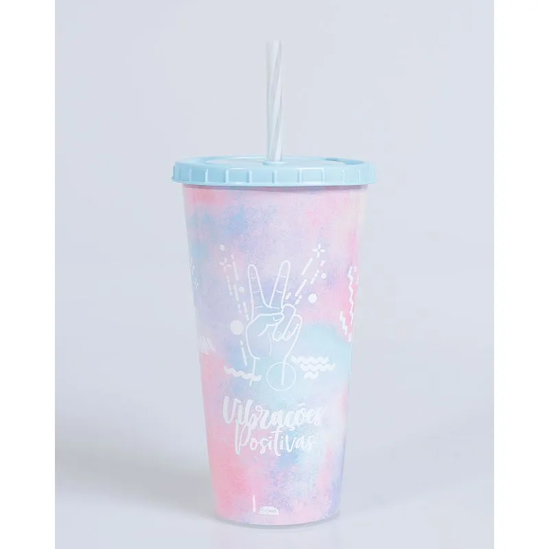Copo Com Canudo 700ml Estampa Tie Dye Azul UN