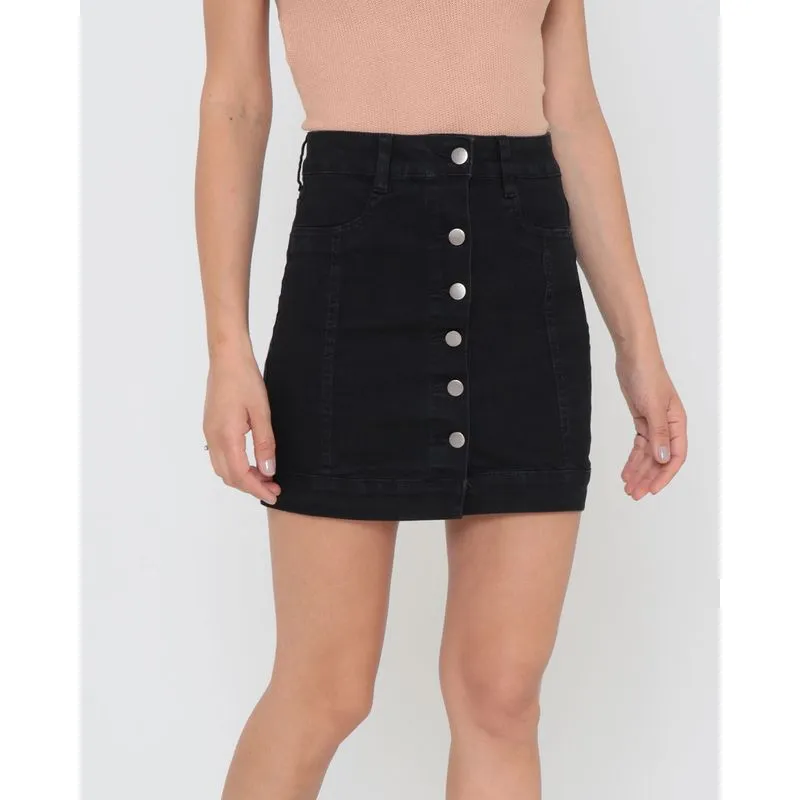 Saia Jeans Curta Botões Preta 46