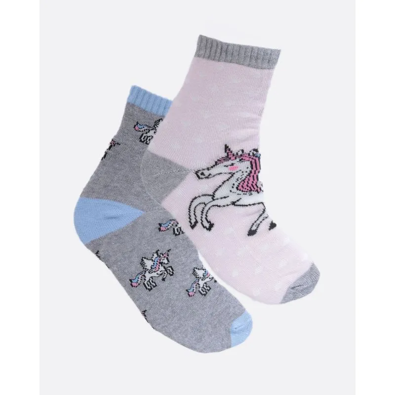 Kit 2 Pares de Meia Infantil Estampa Unicórnio Cinza e Rosa Claro 22 A 25