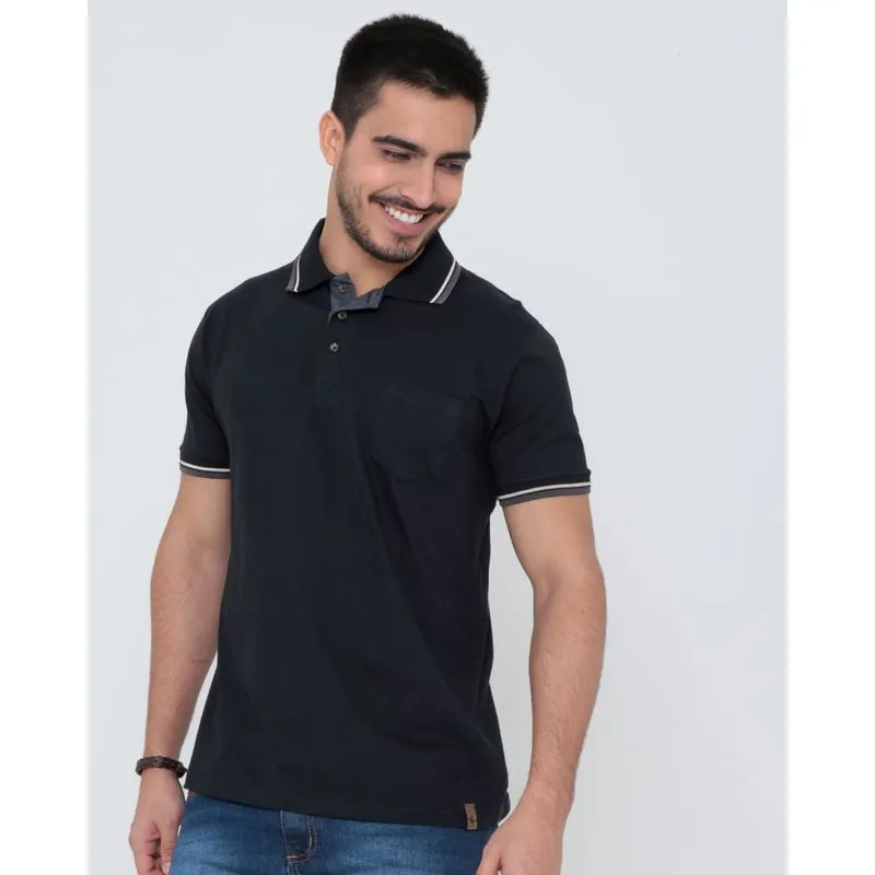 Polo Masculina Manga Curta Com Bolso Básica Preta G