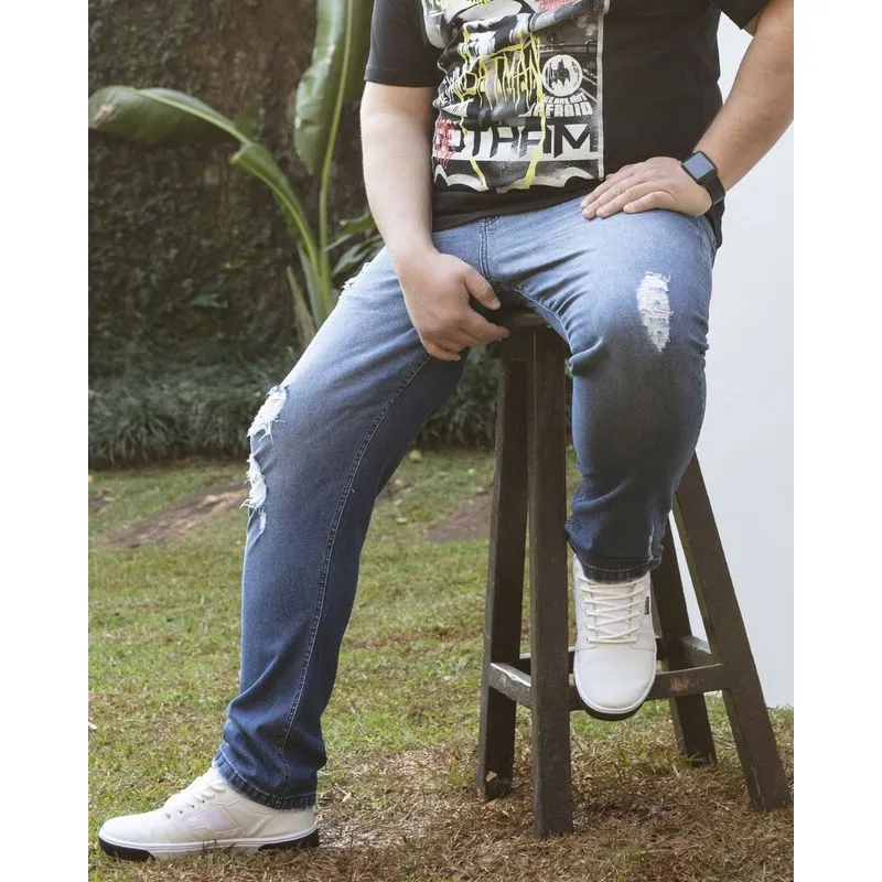 Calça Jeans Masculina Plus Size Puídos Azul 52