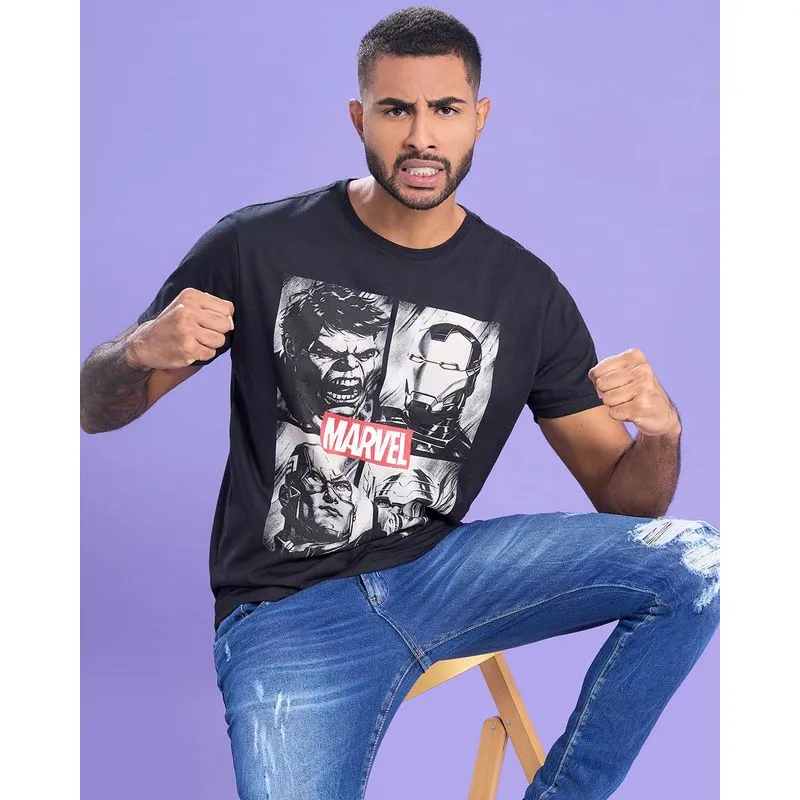 Camiseta Masculina Algodão Marvel Super Heróis Preta GG