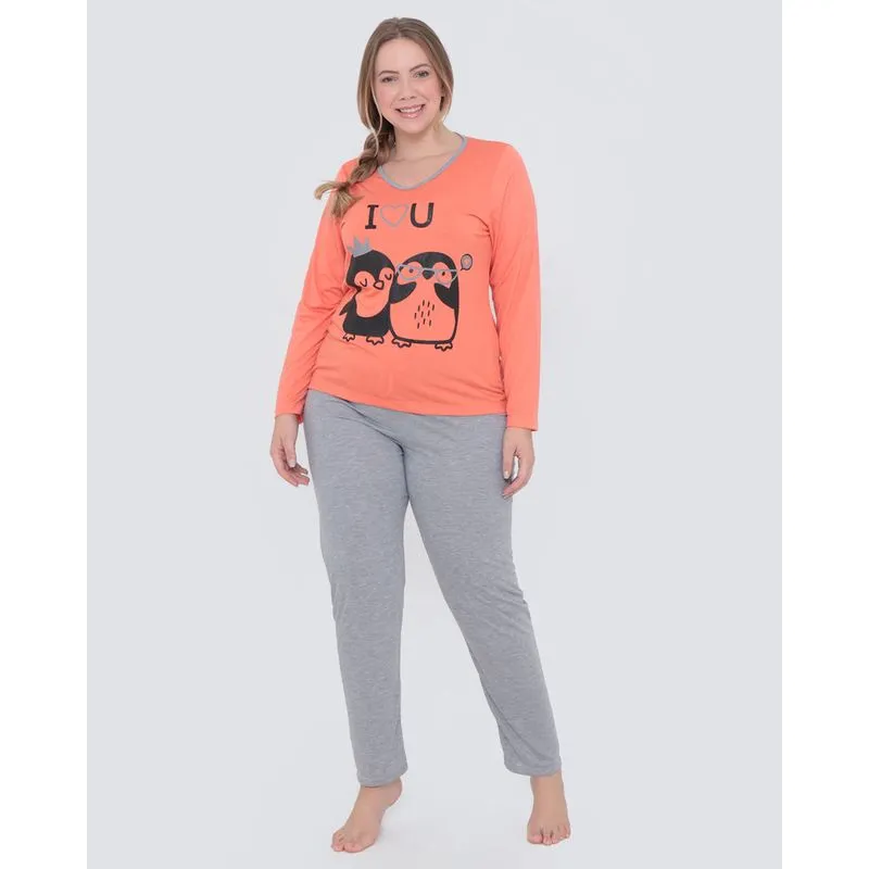 Pijama Feminino Plus Size Longo Silk Laranja G1