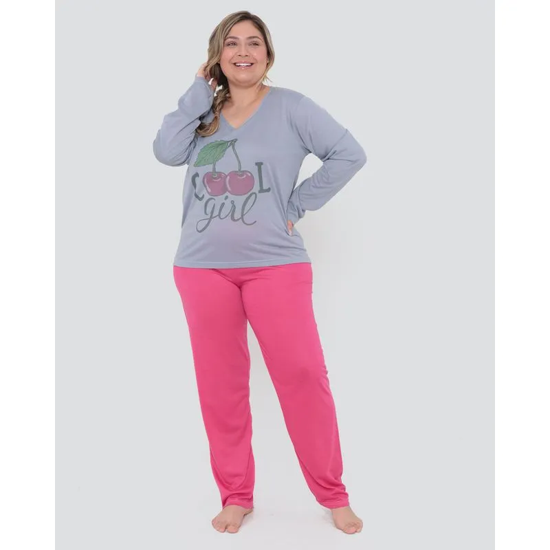 Pijama Longo Plus Size Estampa Cereja Cinza G2
