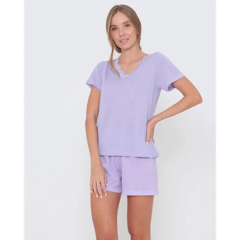 Pijama Manga Curta Renda Estampa Poá Lilás G